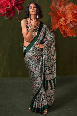 Gable Green Ajrakh Printed Satin Silk Saree