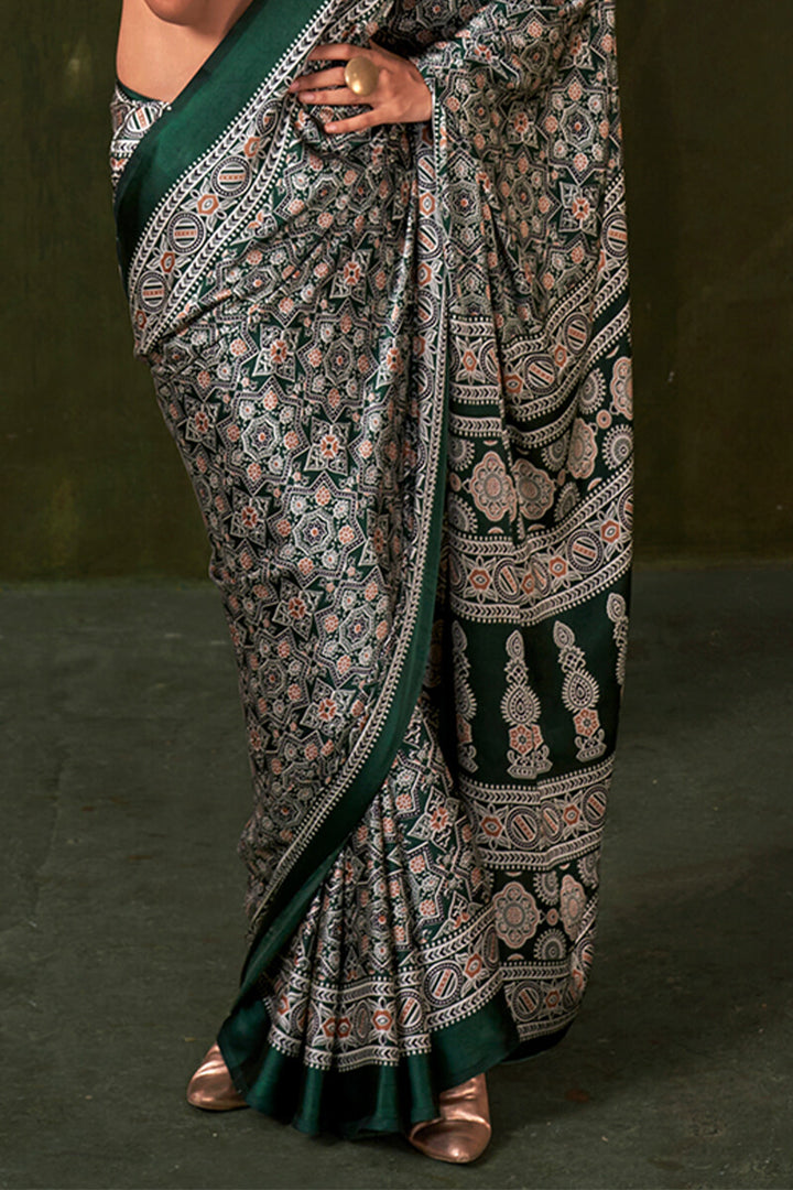Gable Green Ajrakh Printed Satin Silk Saree