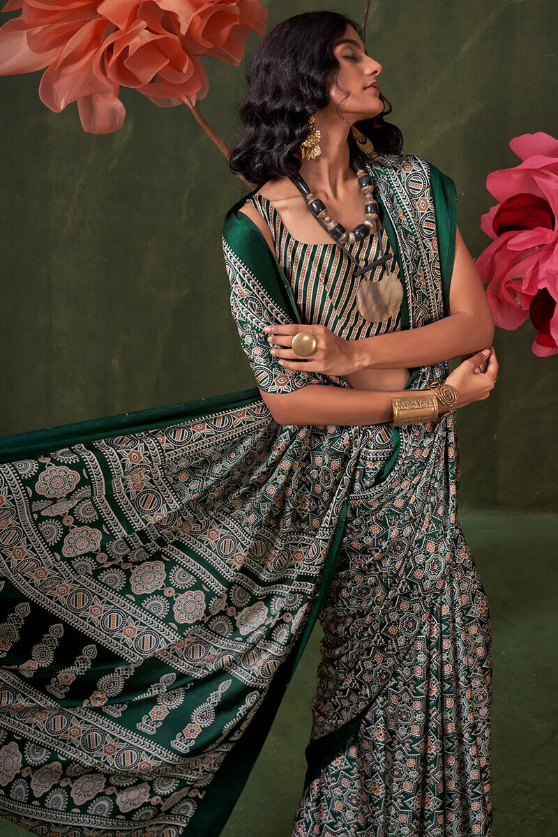 Gable Green Ajrakh Printed Satin Silk Saree