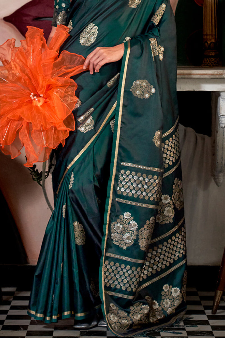 Gable Green Banarasi Satin Silk Saree