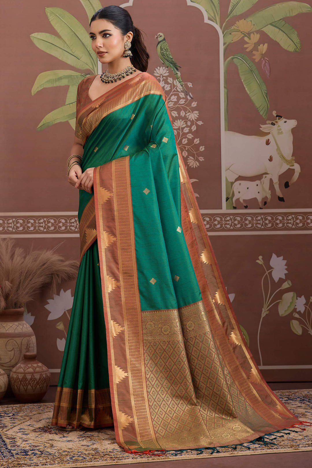 Gable Green Banarasi Tussar Silk Saree