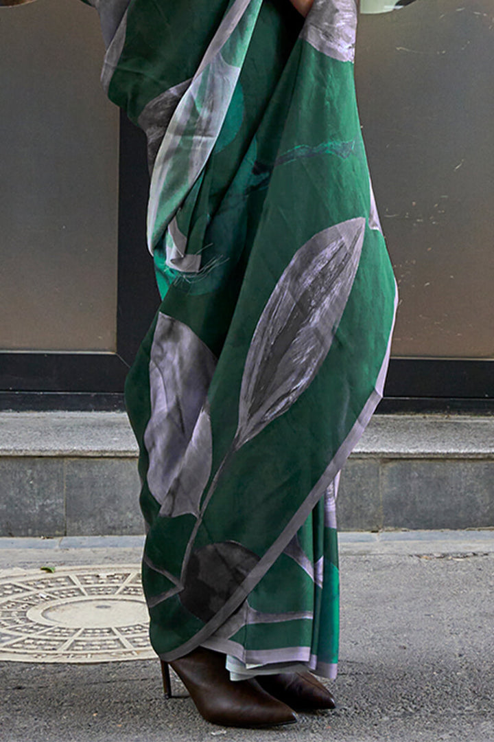 Gable Green Printed Satin Georgette Silk Saree