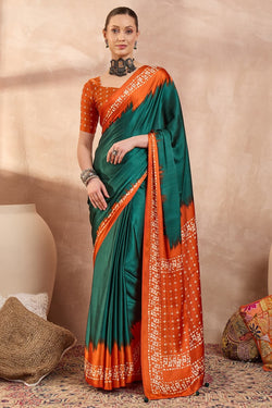 Gable Green Printed Satin Silk Saree