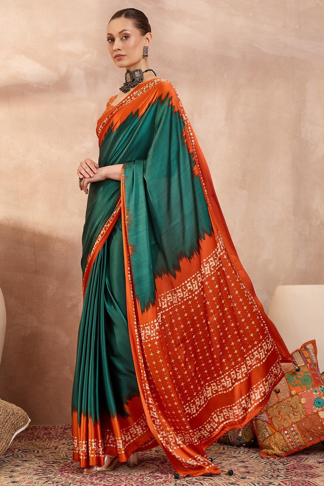 Gable Green Printed Satin Silk Saree