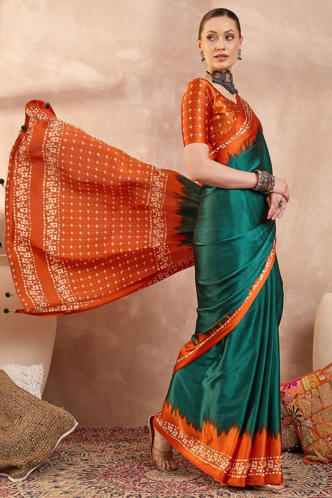 Gable Green Printed Satin Silk Saree