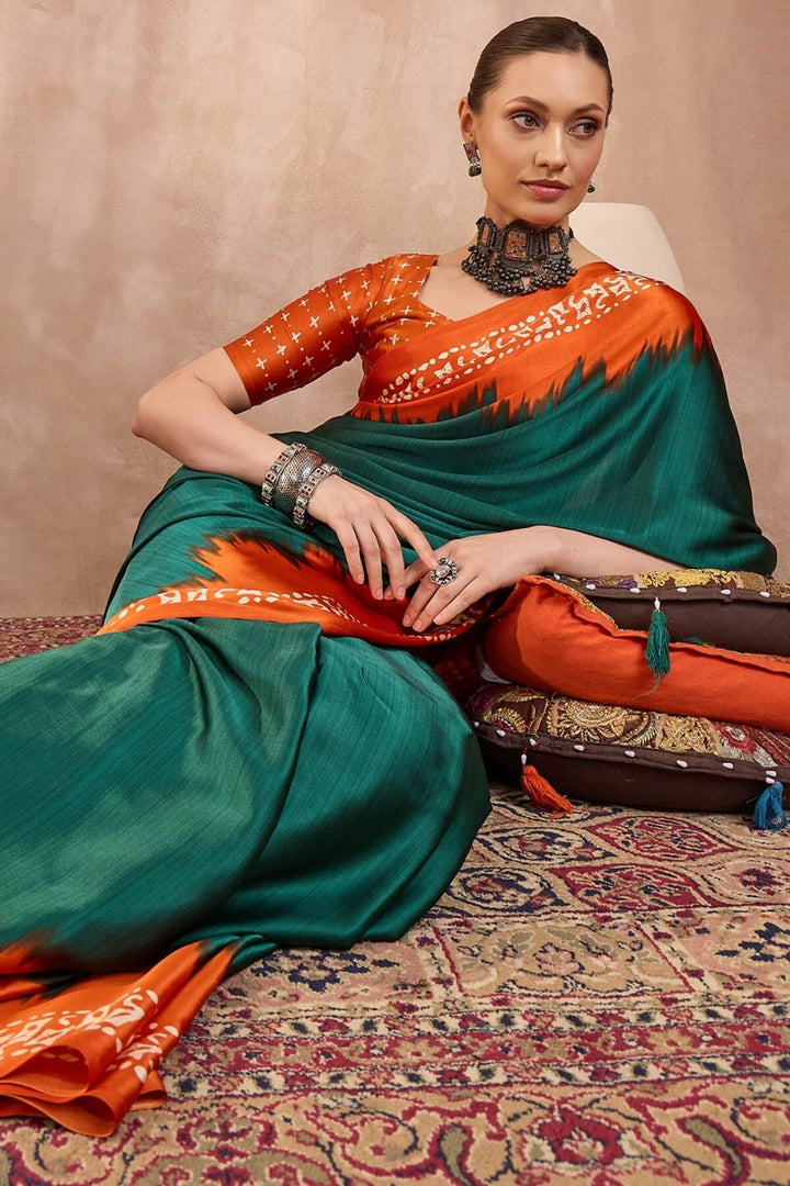 Gable Green Printed Satin Silk Saree