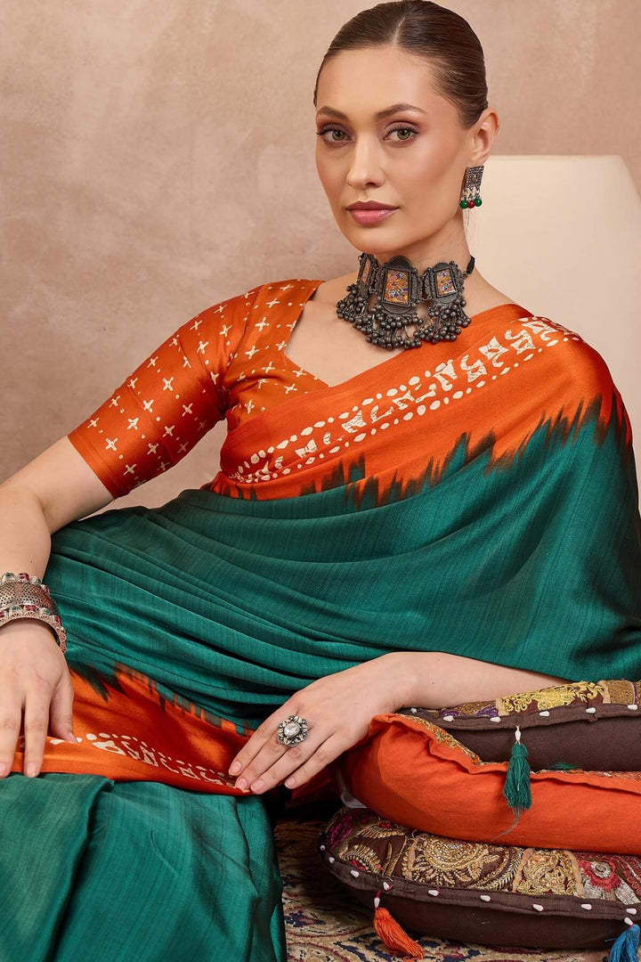 Gable Green Printed Satin Silk Saree