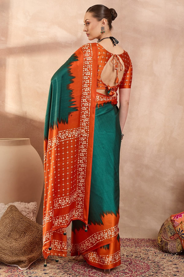 Gable Green Printed Satin Silk Saree