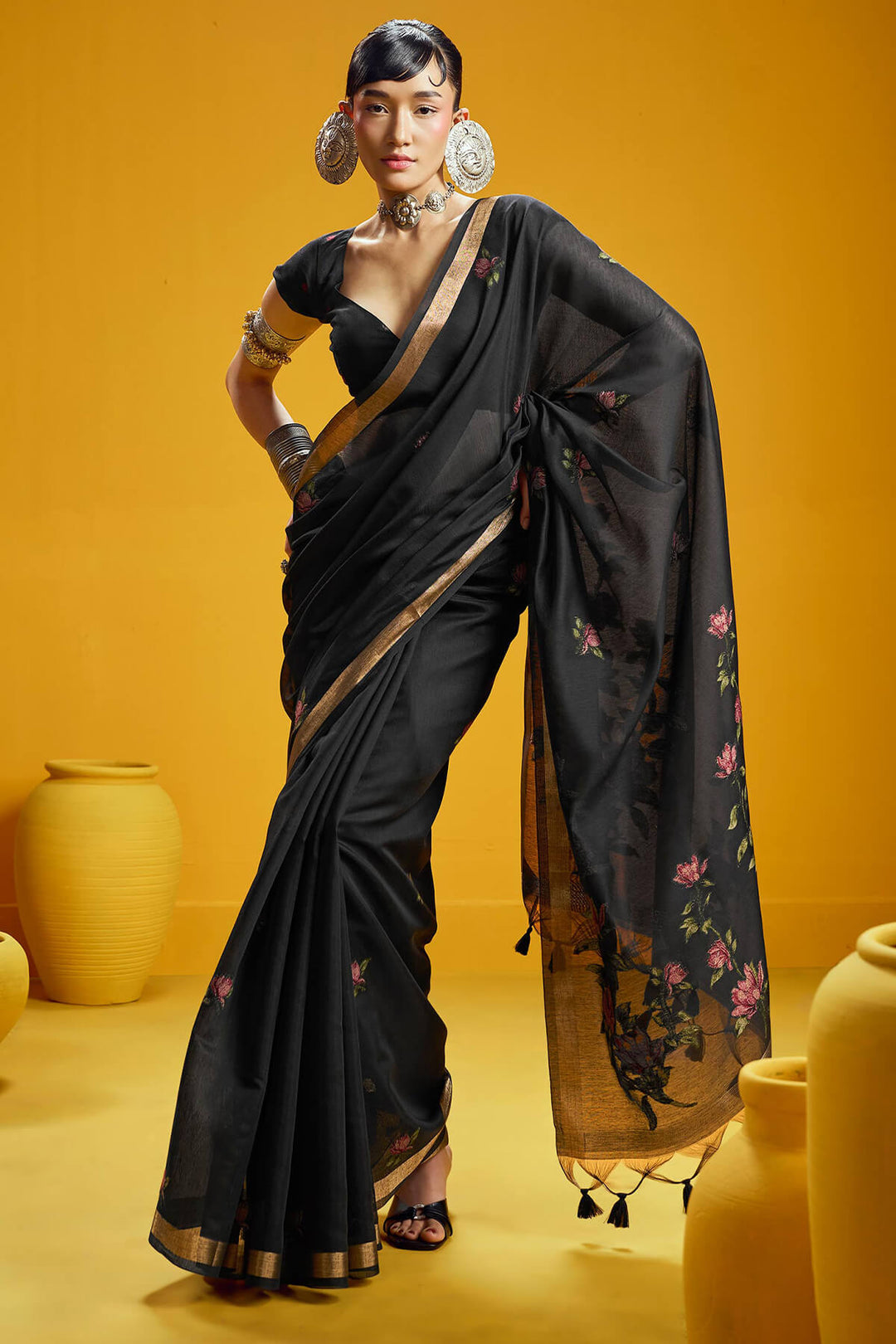 Galaxy Black Pure Munga Cotton Silk Saree