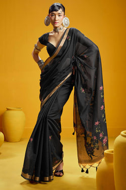 Galaxy Black Pure Munga Cotton Silk Saree