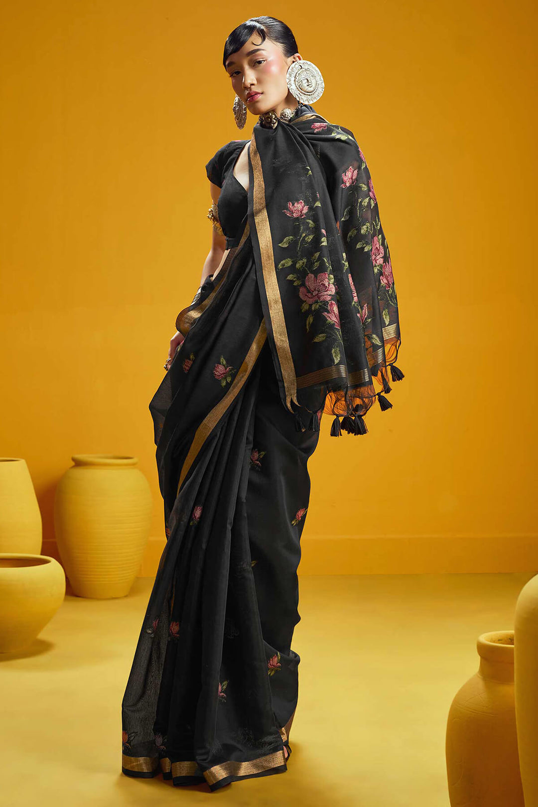 Galaxy Black Pure Munga Cotton Silk Saree