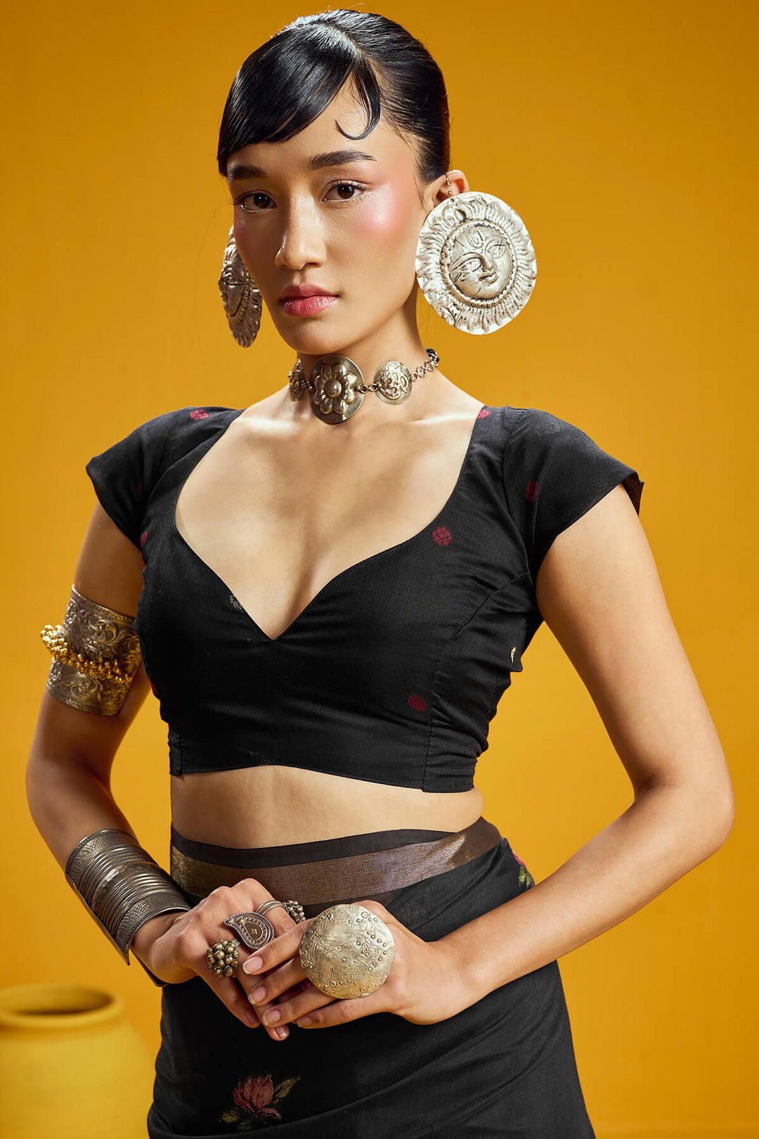 Galaxy Black Pure Munga Cotton Silk Saree