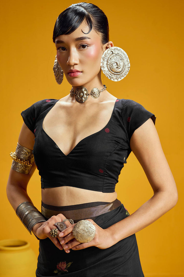 Galaxy Black Pure Munga Cotton Silk Saree