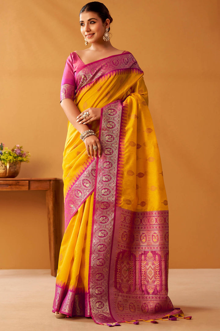 Gamboge Yellow Cotton Modal Silk Saree with Pochampally Border and Pallu
