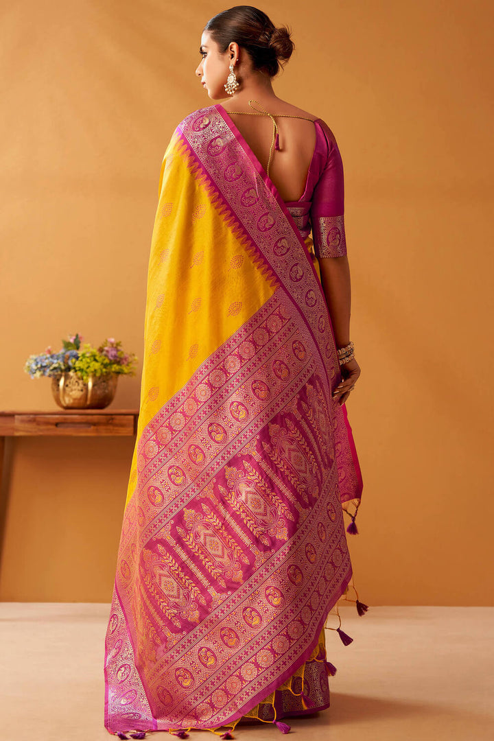 Gamboge Yellow Cotton Modal Silk Saree with Pochampally Border and Pallu