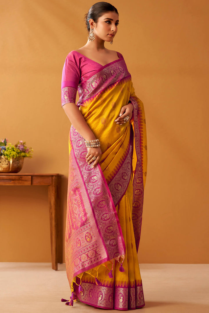 Gamboge Yellow Cotton Modal Silk Saree with Pochampally Border and Pallu