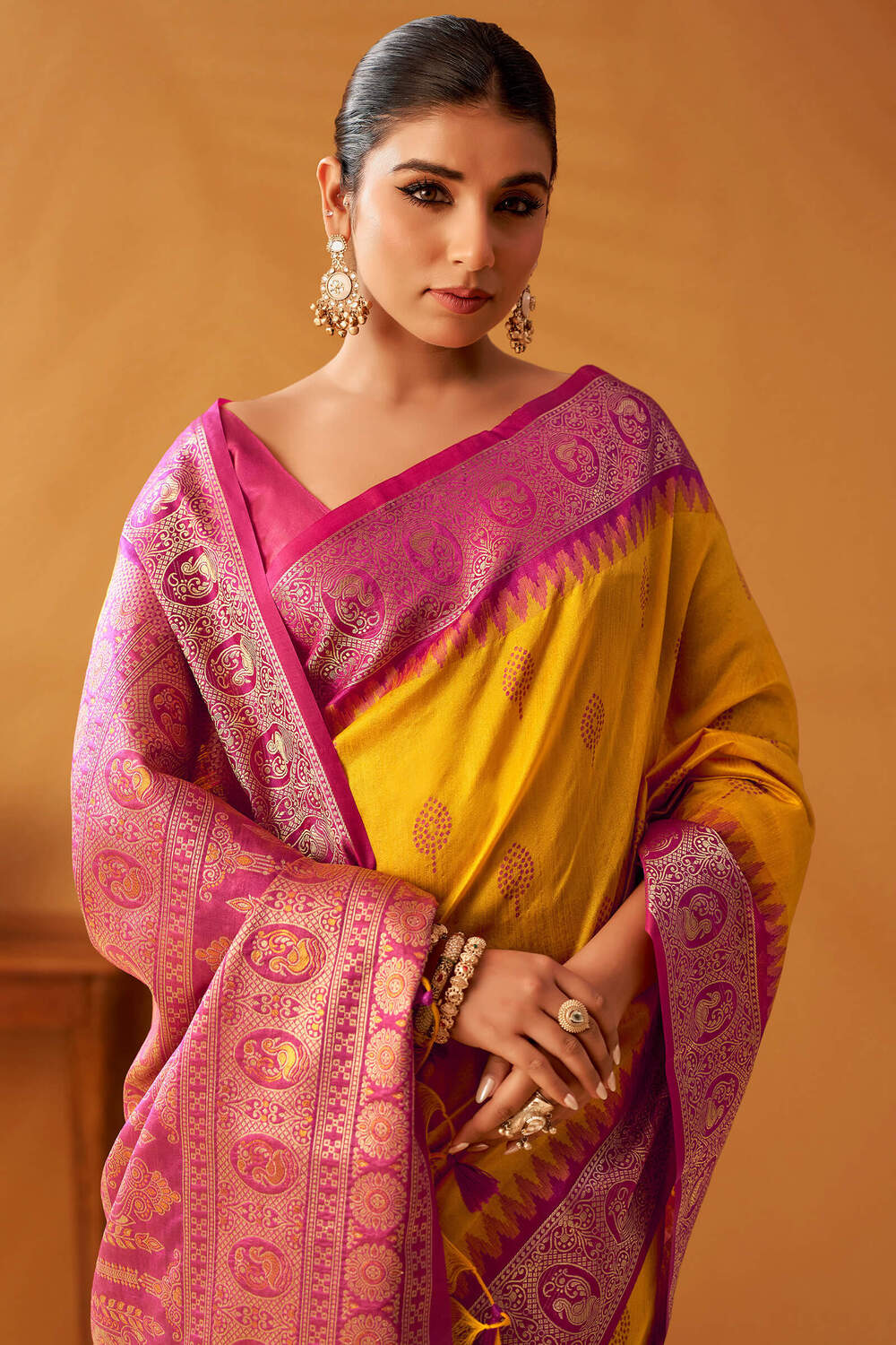 Gamboge Yellow Cotton Modal Silk Saree with Pochampally Border and Pallu
