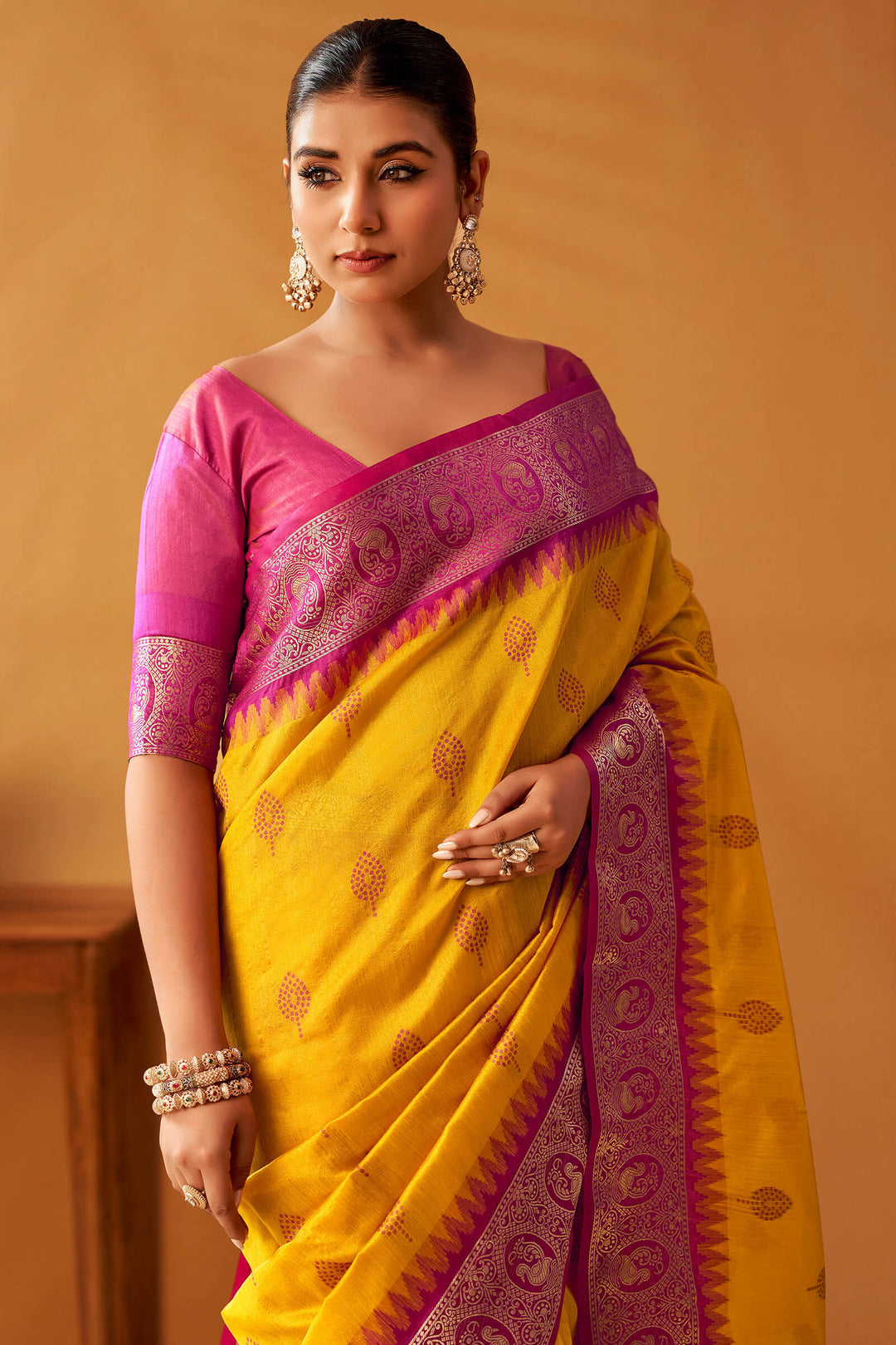 Gamboge Yellow Cotton Modal Silk Saree with Pochampally Border and Pallu