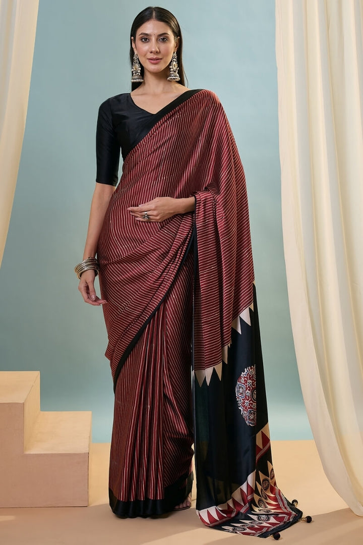 Garnet Maroon Ajrakh Printed Satin Silk Saree