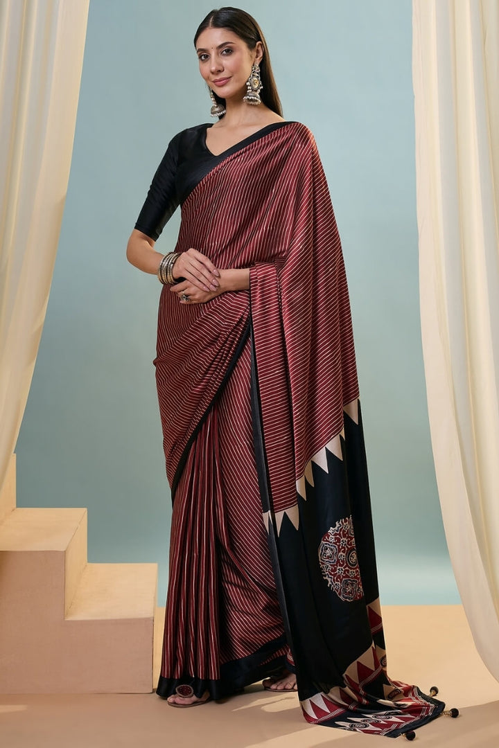 Garnet Maroon Ajrakh Printed Satin Silk Saree