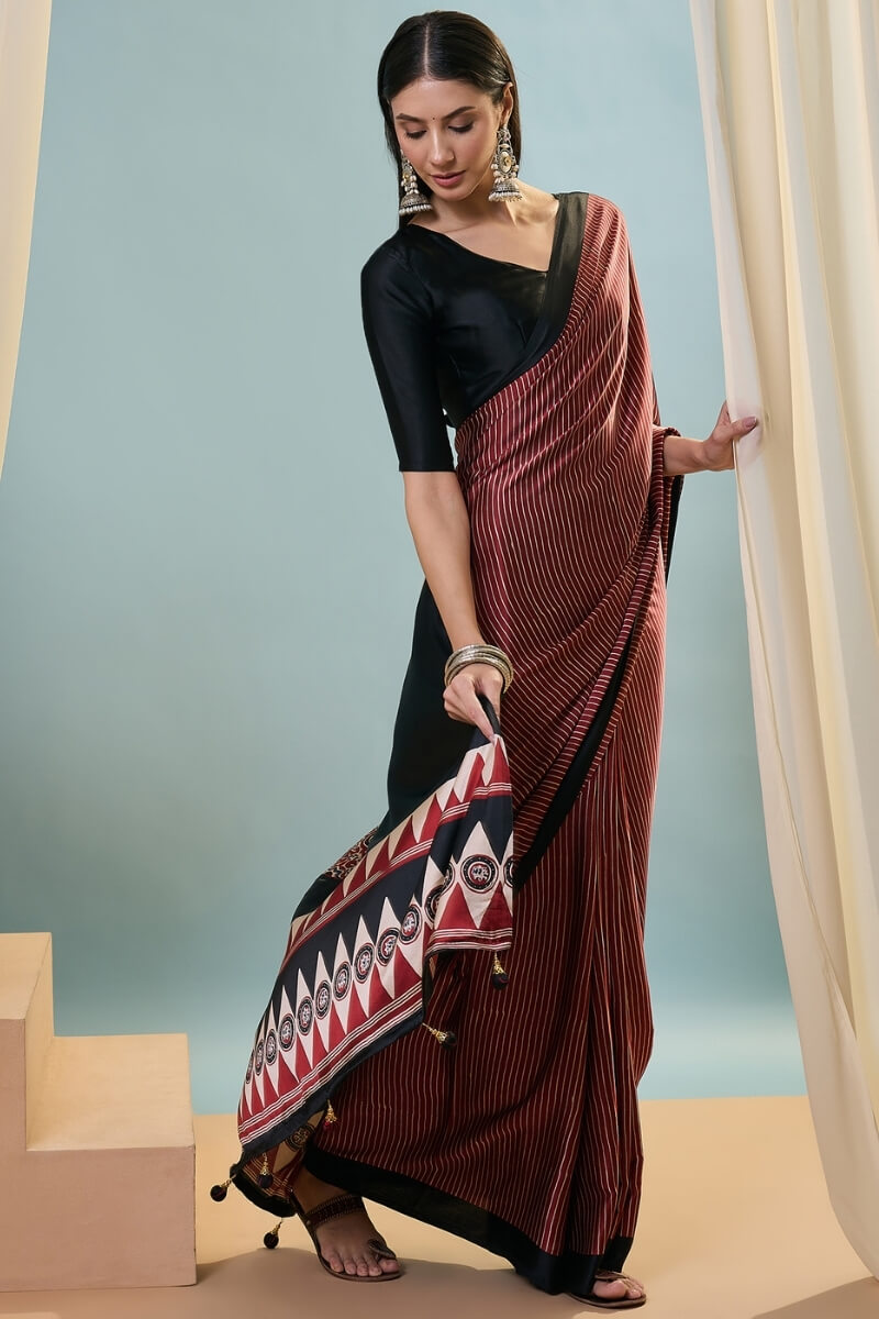 Garnet Maroon Ajrakh Printed Satin Silk Saree