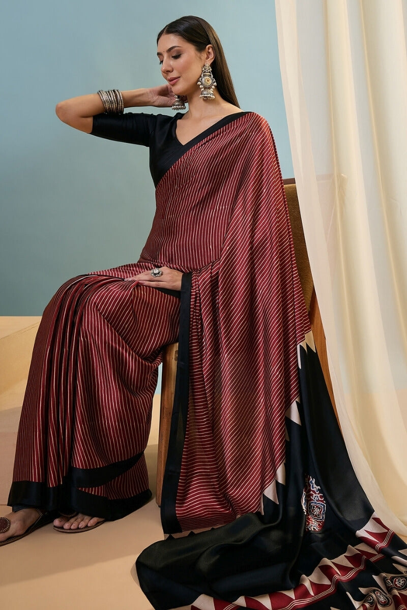 Garnet Maroon Ajrakh Printed Satin Silk Saree