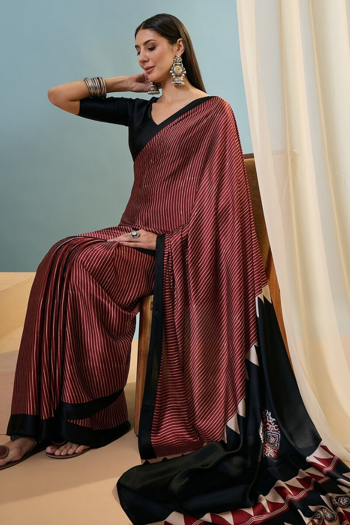 Garnet Maroon Ajrakh Printed Satin Silk Saree