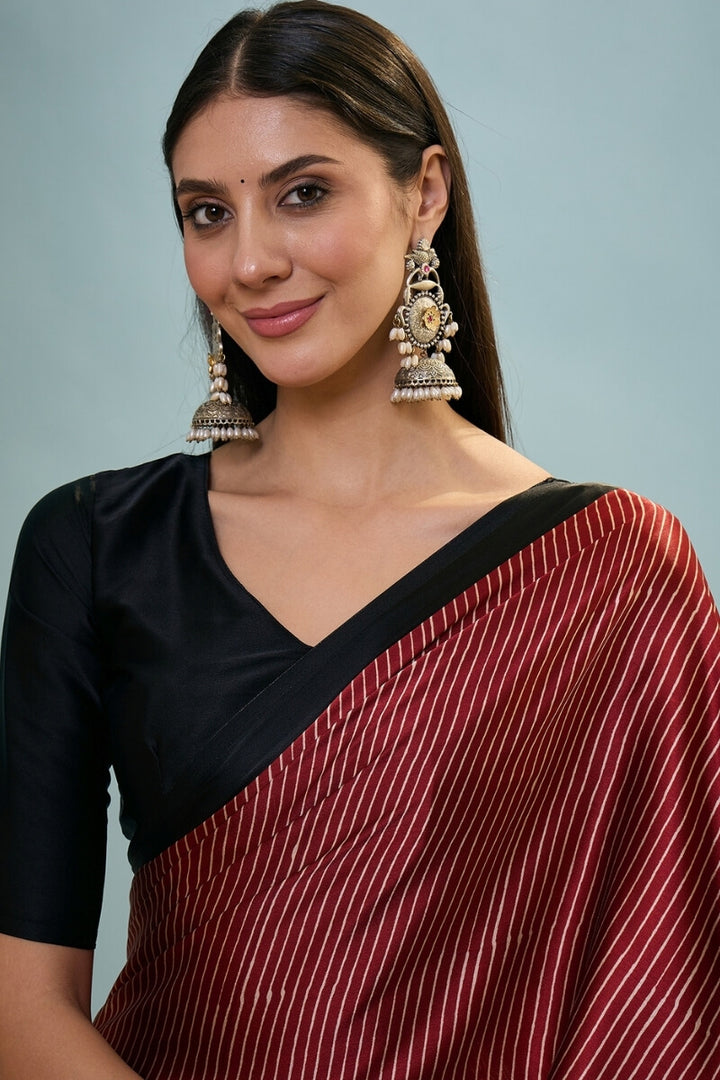 Garnet Maroon Ajrakh Printed Satin Silk Saree