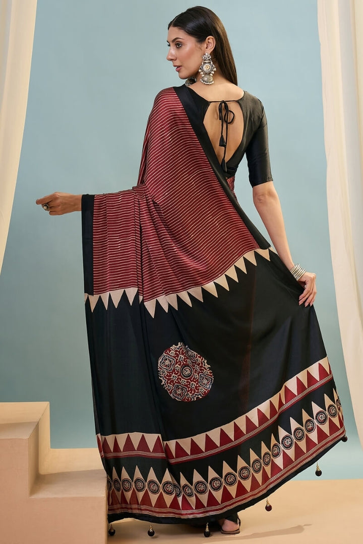 Garnet Maroon Ajrakh Printed Satin Silk Saree