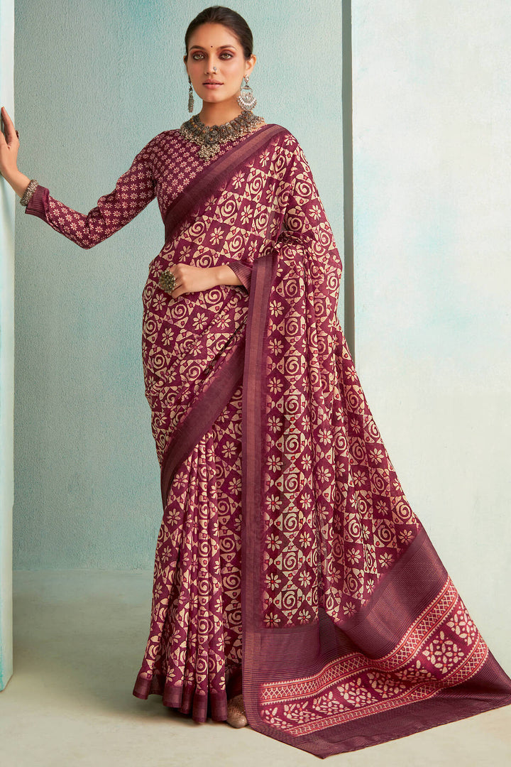Garnet Wine Handloom Woven Digital Printed Soft Silk Saree