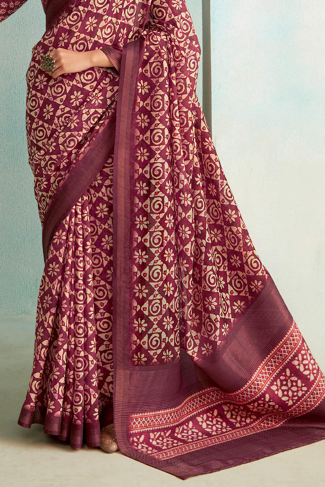 Garnet Wine Handloom Woven Digital Printed Soft Silk Saree