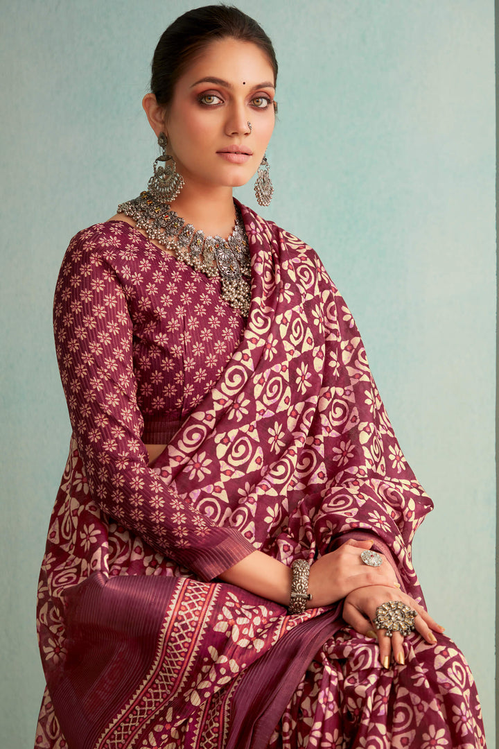 Garnet Wine Handloom Woven Digital Printed Soft Silk Saree