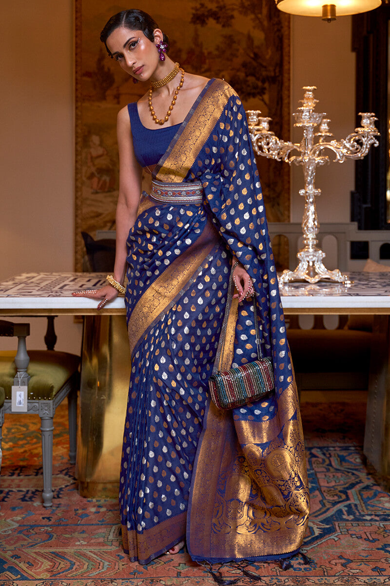 Gem Blue Copper Zari Woven Banarasi Silk Saree