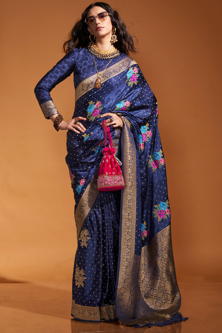 Gem Blue Handloom Woven Satin Silk Saree