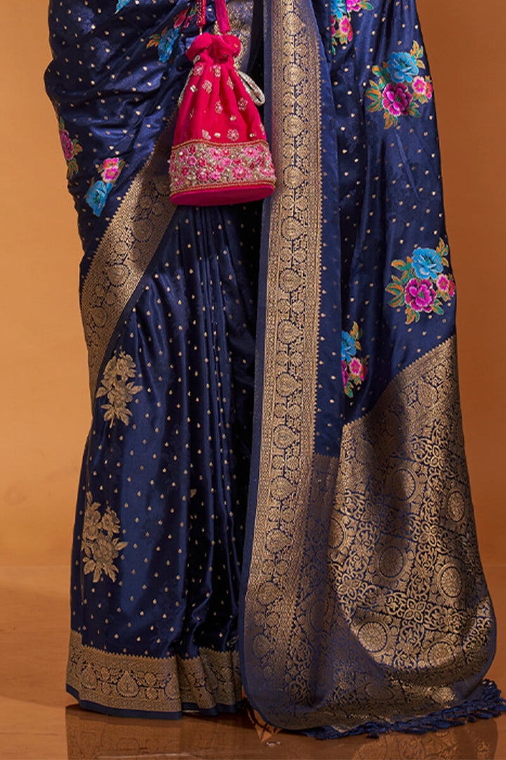 Gem Blue Handloom Woven Satin Silk Saree