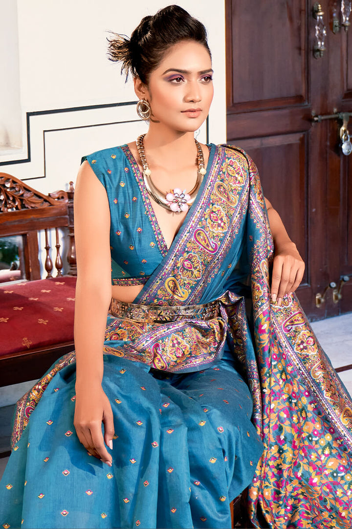 Glacial Blue Kashmiri Modal Pashmina Silk Saree