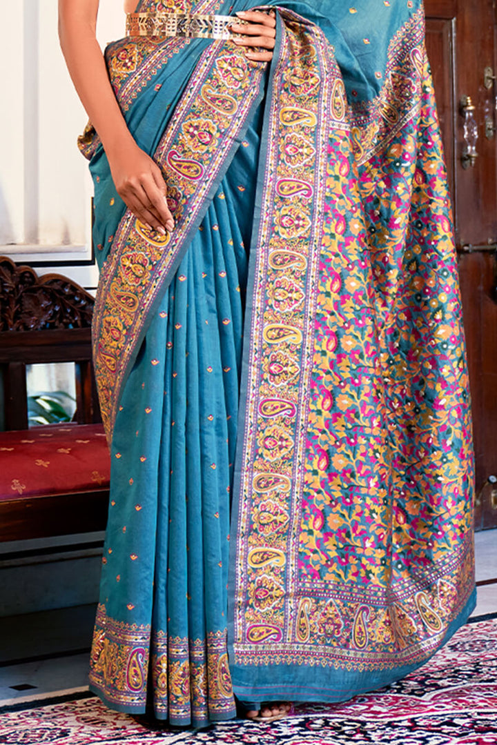 Glacial Blue Kashmiri Modal Pashmina Silk Saree