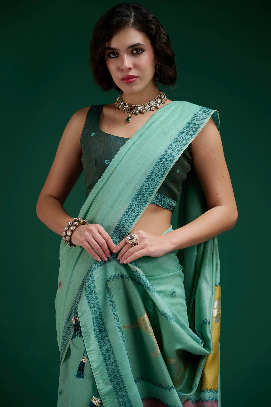 Glacier Blue Jamdani Cotton Silk Saree
