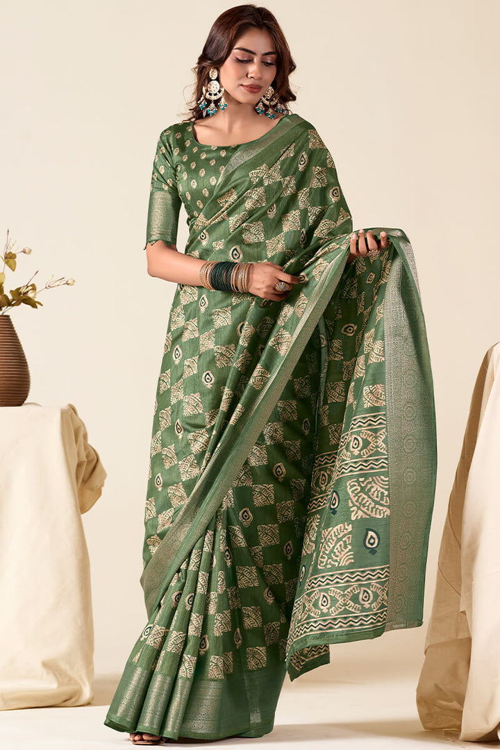 Glade Green Foil Printed Dola Silk Saree