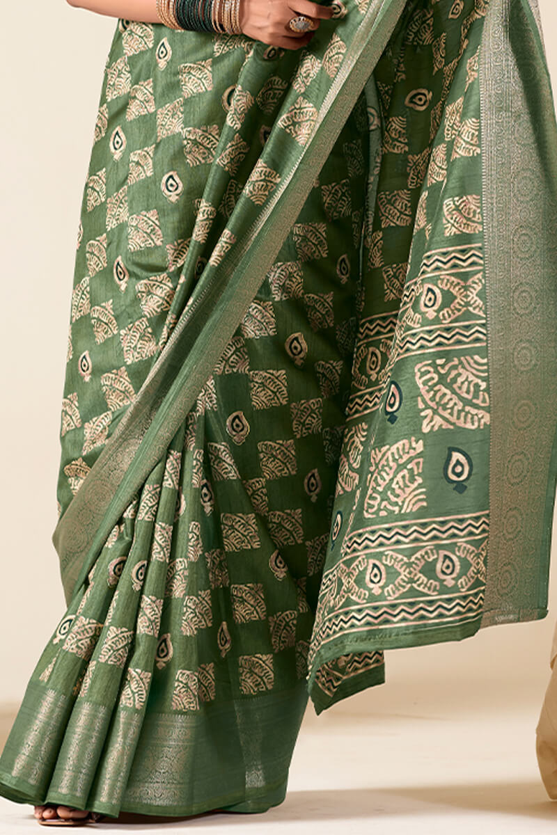 Glade Green Foil Printed Dola Silk Saree