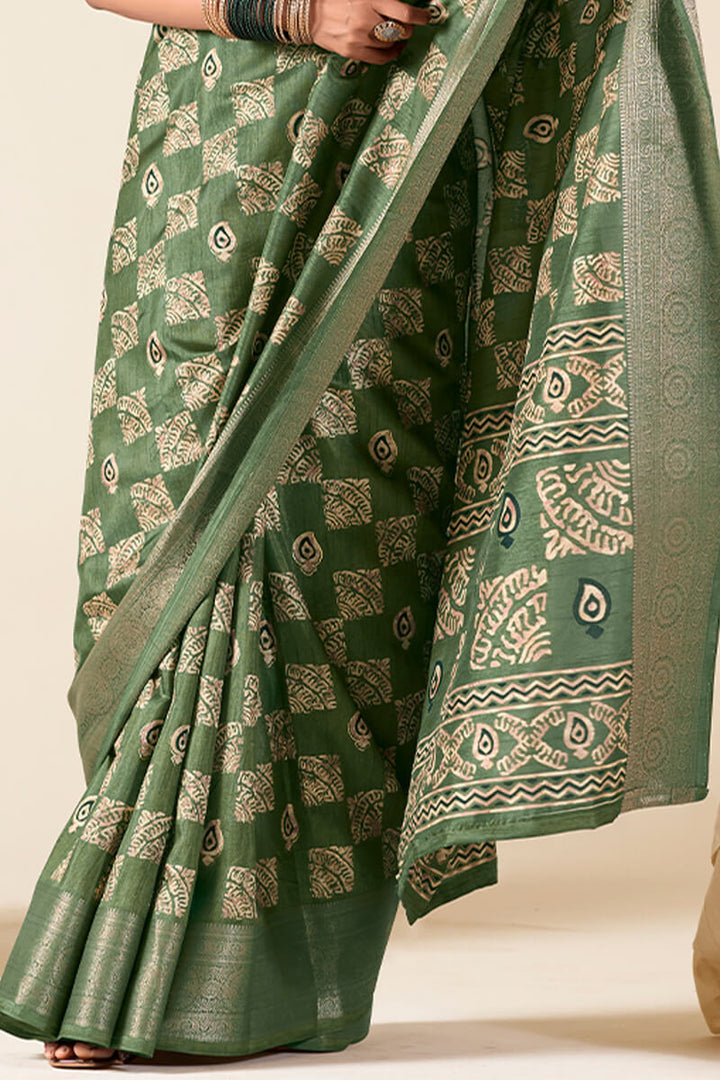 Glade Green Foil Printed Dola Silk Saree