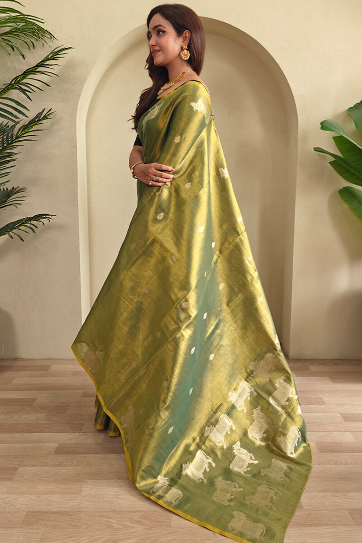Glade Green Zari woven Banarasi Tissue Silk Saree