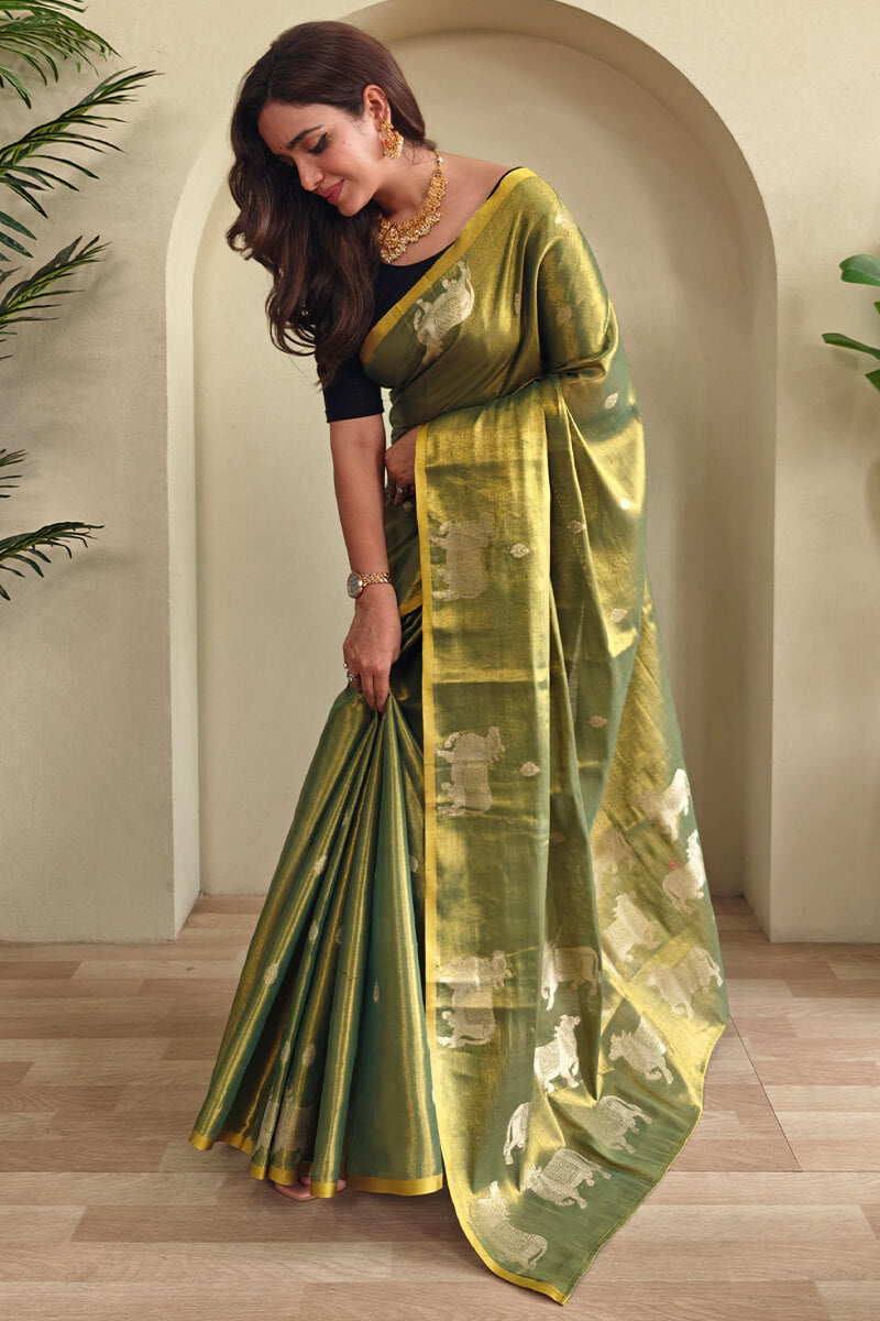 Glade Green Zari woven Banarasi Tissue Silk Saree