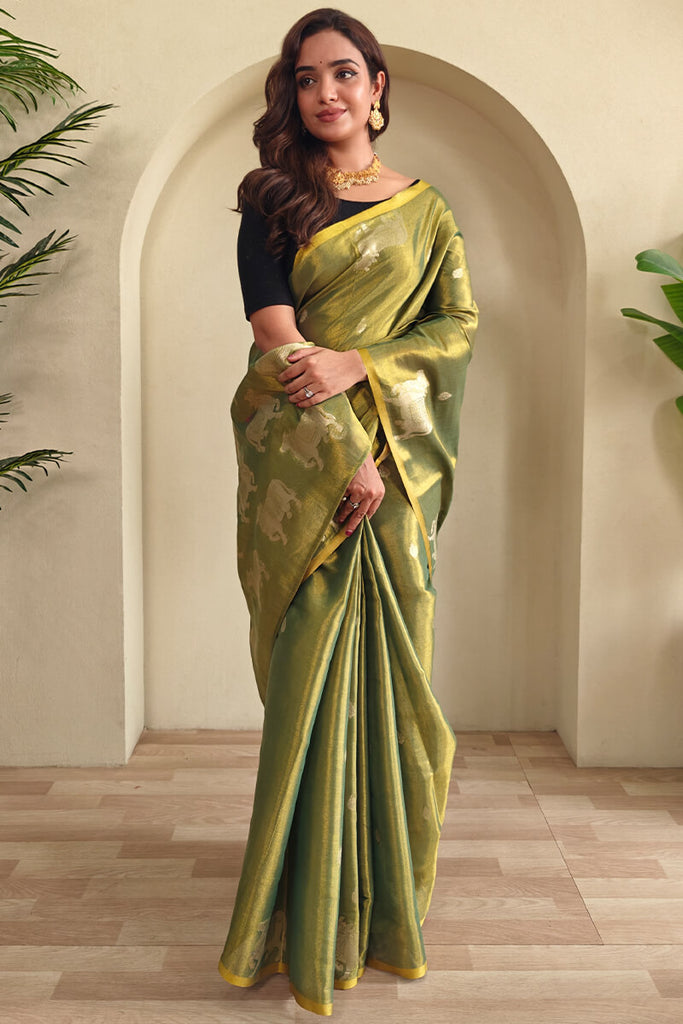 Glade Green Zari woven Banarasi Tissue Silk Saree