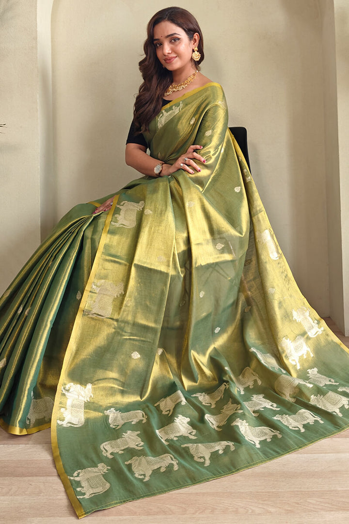 Glade Green Zari woven Banarasi Tissue Silk Saree