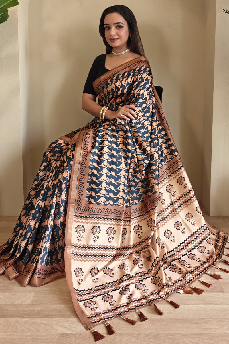 Gloss Black Printed Viscos Dola Silk Saree