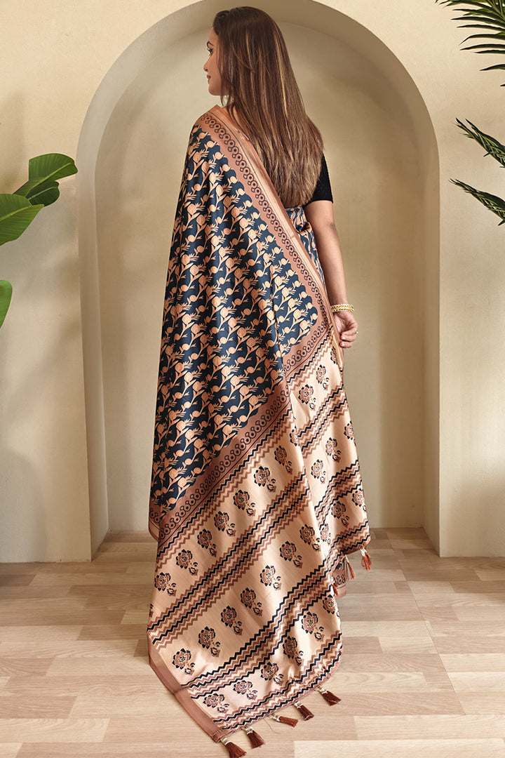 Gloss Black Printed Viscos Dola Silk Saree