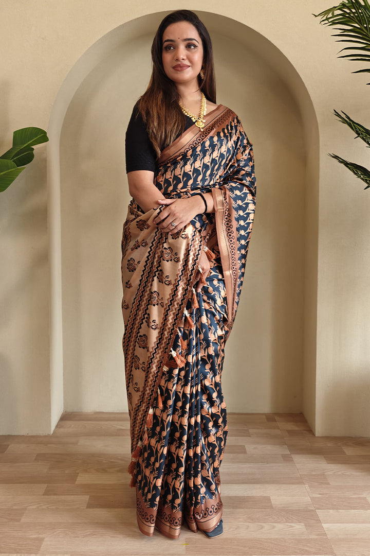 Gloss Black Printed Viscos Dola Silk Saree