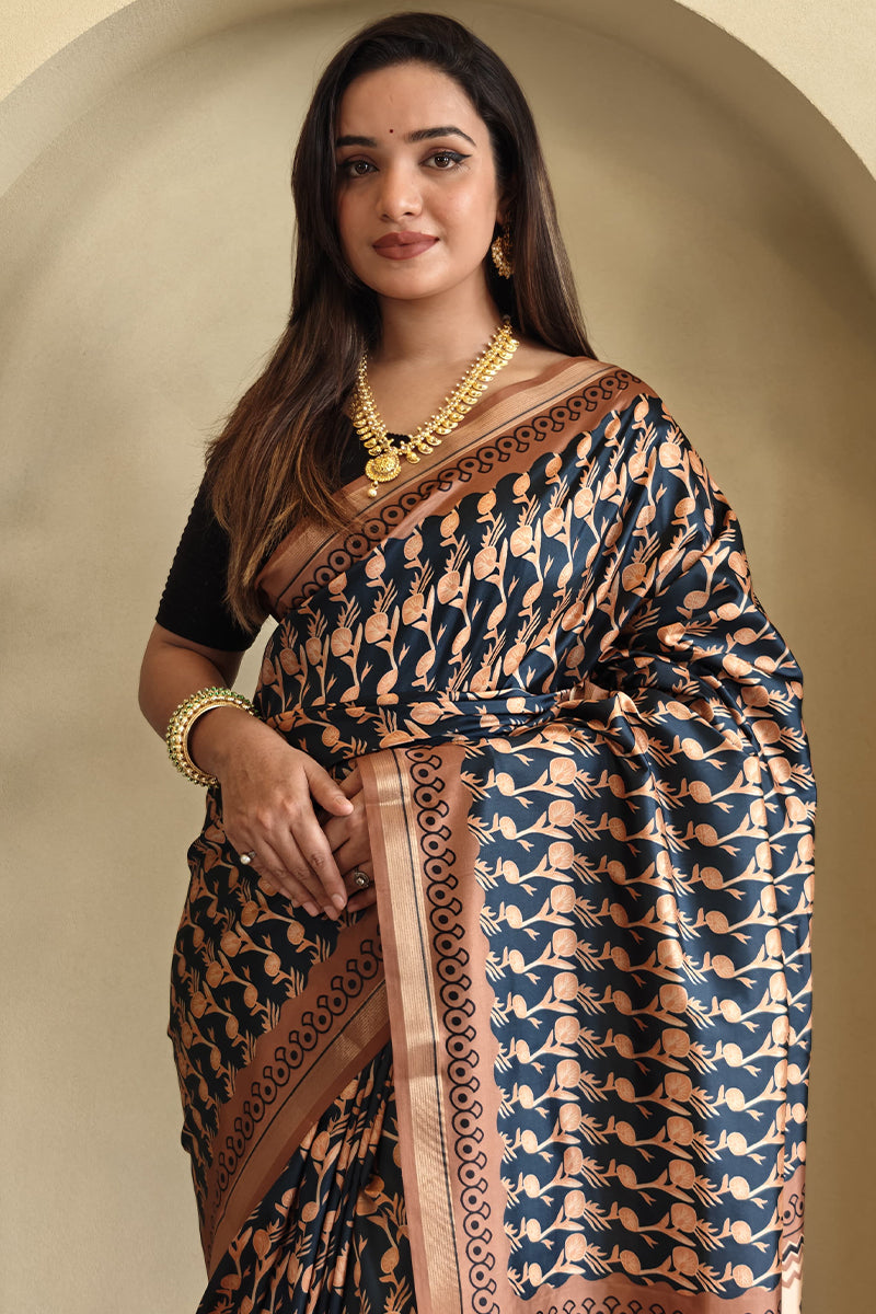 Gloss Black Printed Viscos Dola Silk Saree
