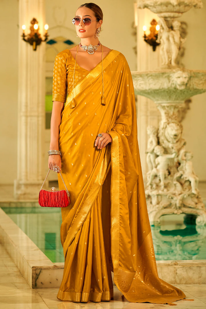 Gold Yellow Banarasi Satin Silk Saree